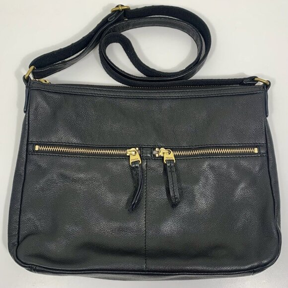 FOSSIL Black Pebble Leather Bag CROSSBODY MESSENGER SADDLE Two ZIP Front - Picture 1 of 16